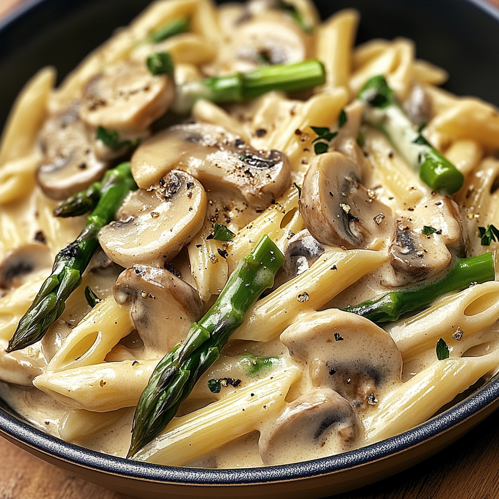 Creamy Mushroom and Asparagus Chicken Penne