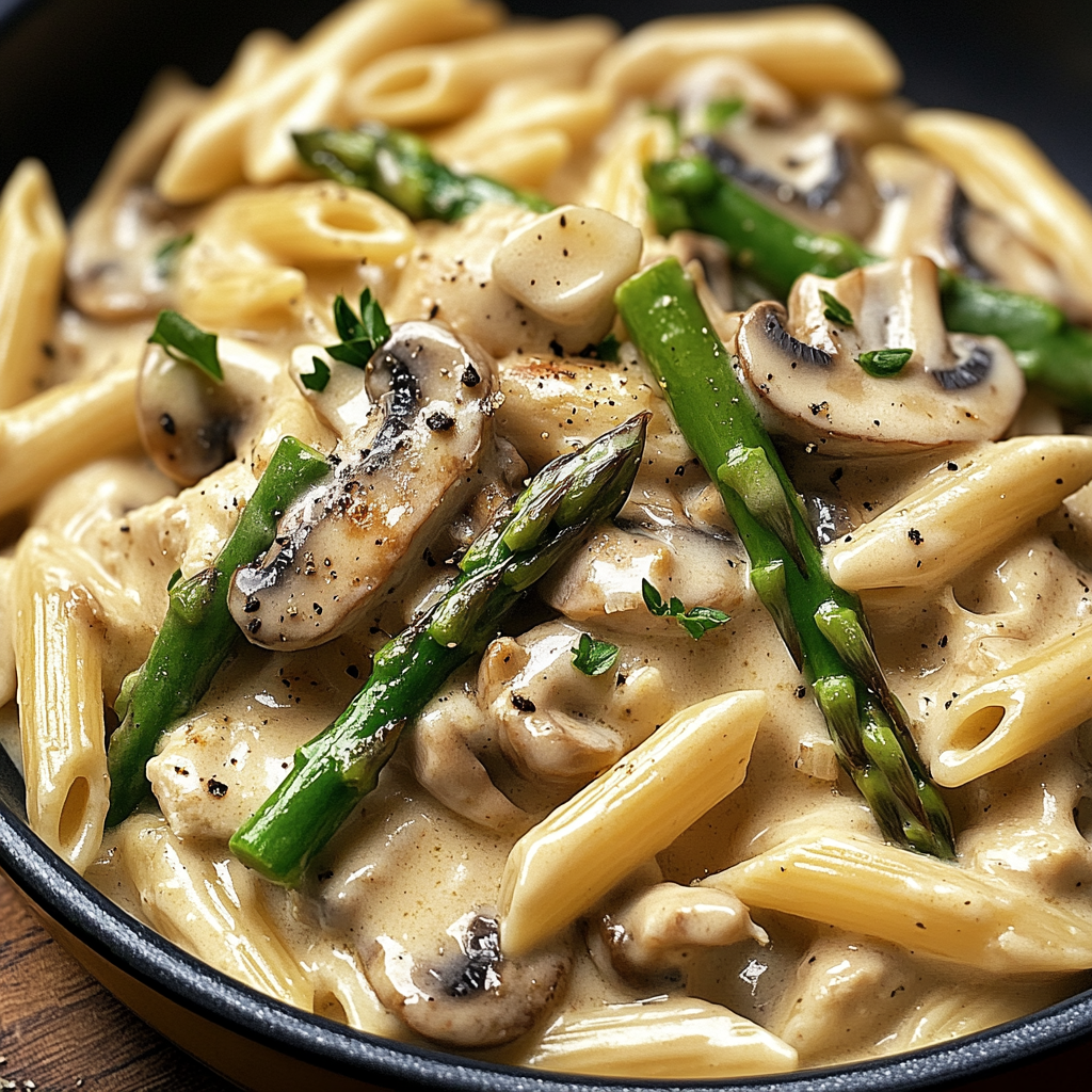 Creamy Mushroom and Asparagus Chicken Penne