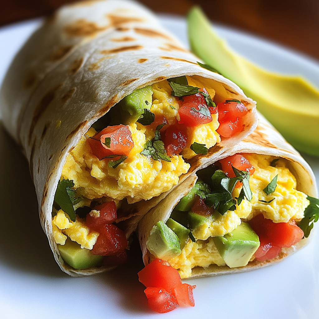 Breakfast Burritos with Scrambled Eggs, Avocado, and Salsa