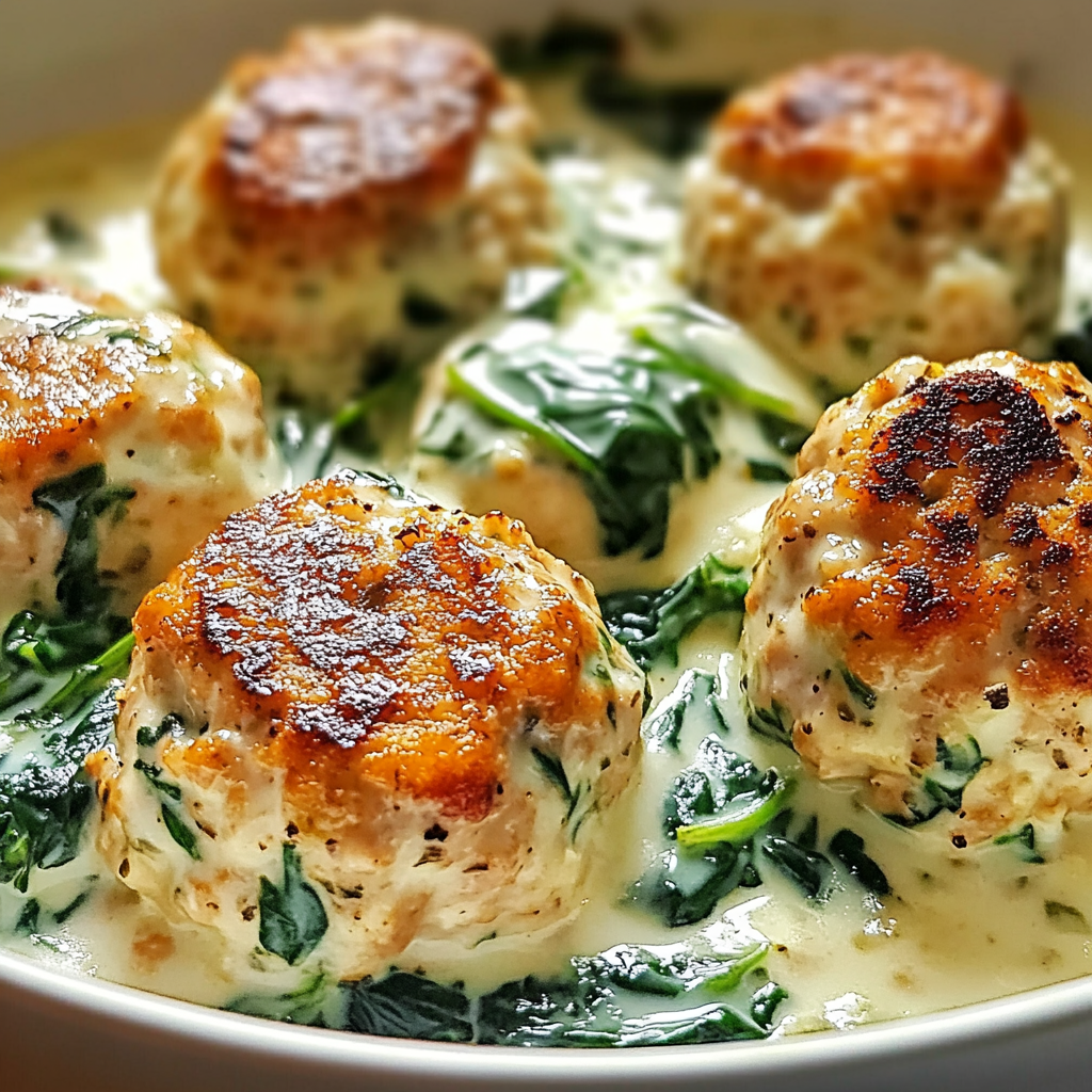 Baked Chicken Ricotta Meatballs with Spinach Alfredo