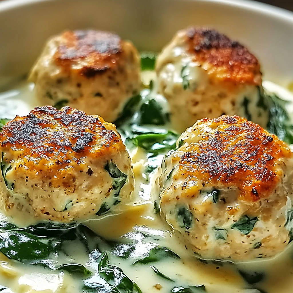 Baked Chicken Ricotta Meatballs with Spinach Alfredo