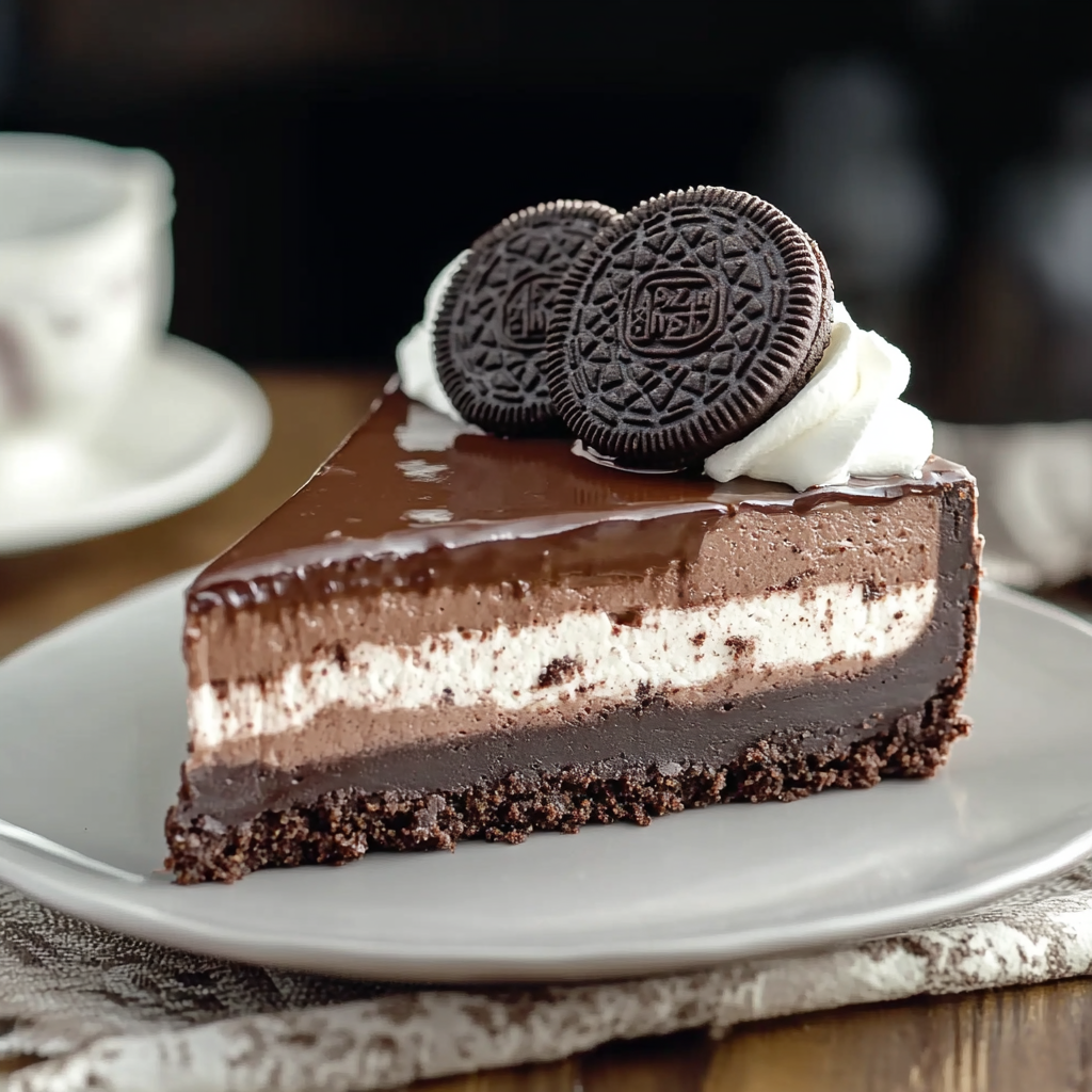 Layered Chocolate Cheesecake with Oreo Crust (No Bake)