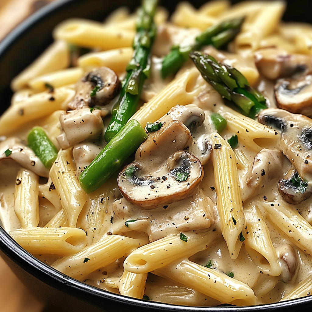 Creamy Mushroom and Asparagus Chicken Penne