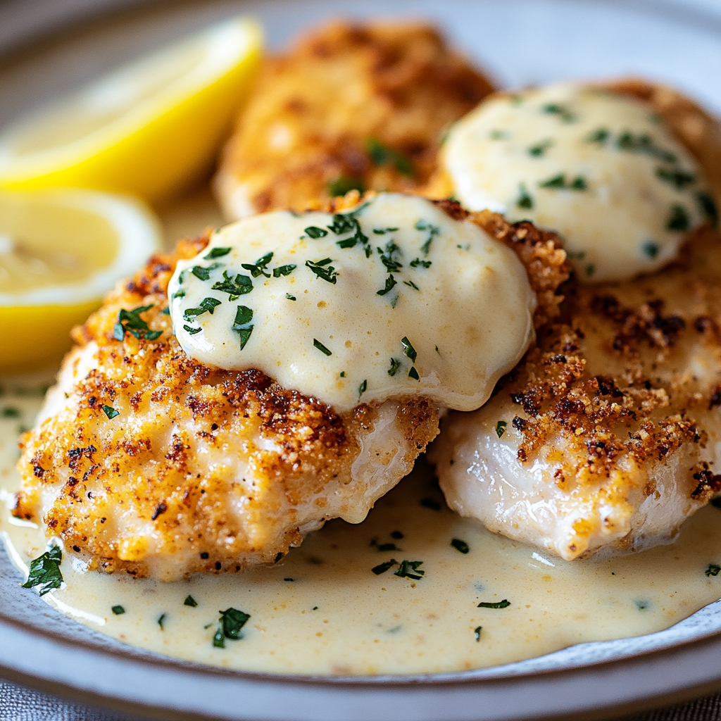 Lemon Pecorino Crusted Chicken with Creamy Sauce