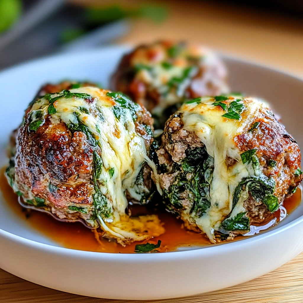 Spinach Garlic Meatballs Stuffed with Mozzarella