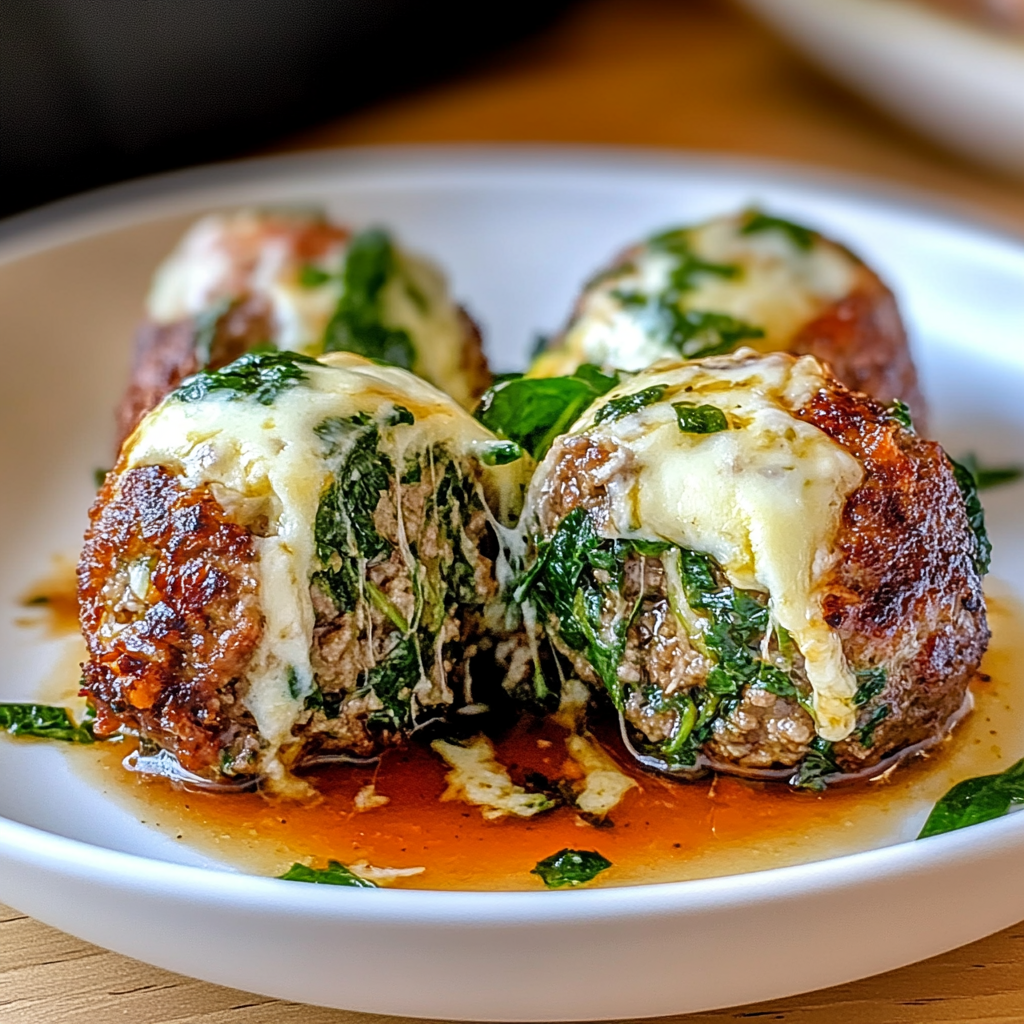Spinach Garlic Meatballs Stuffed with Mozzarella