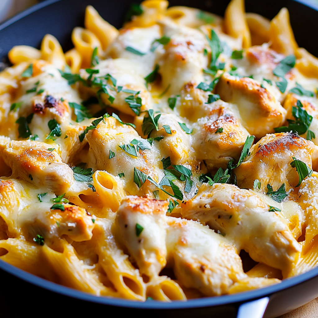 Cheesy Garlic Parmesan Chicken Pasta Skillet Recipe