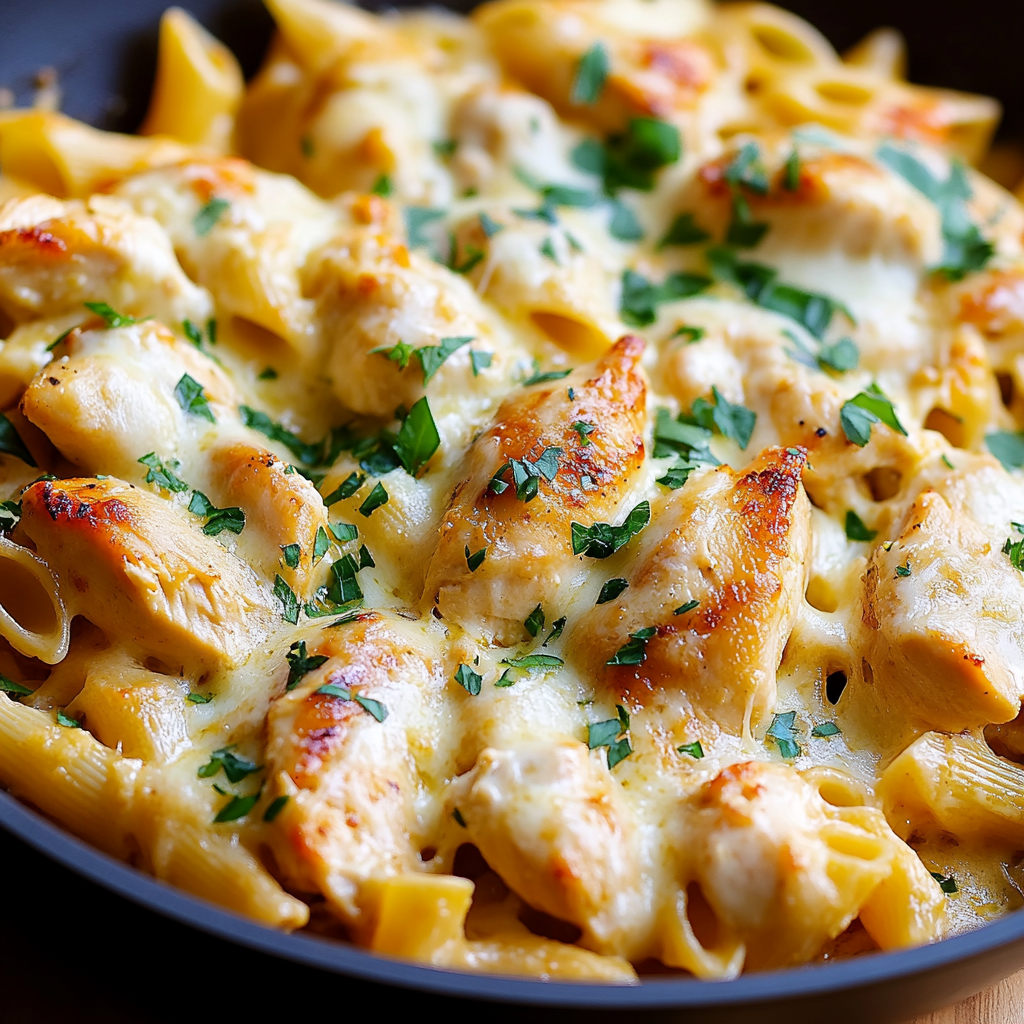 Cheesy Garlic Parmesan Chicken Pasta Skillet Recipe