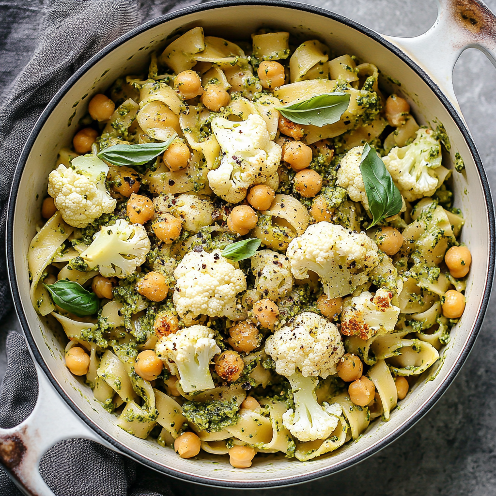 Roasted Cauliflower and Chickpea Pesto Pasta