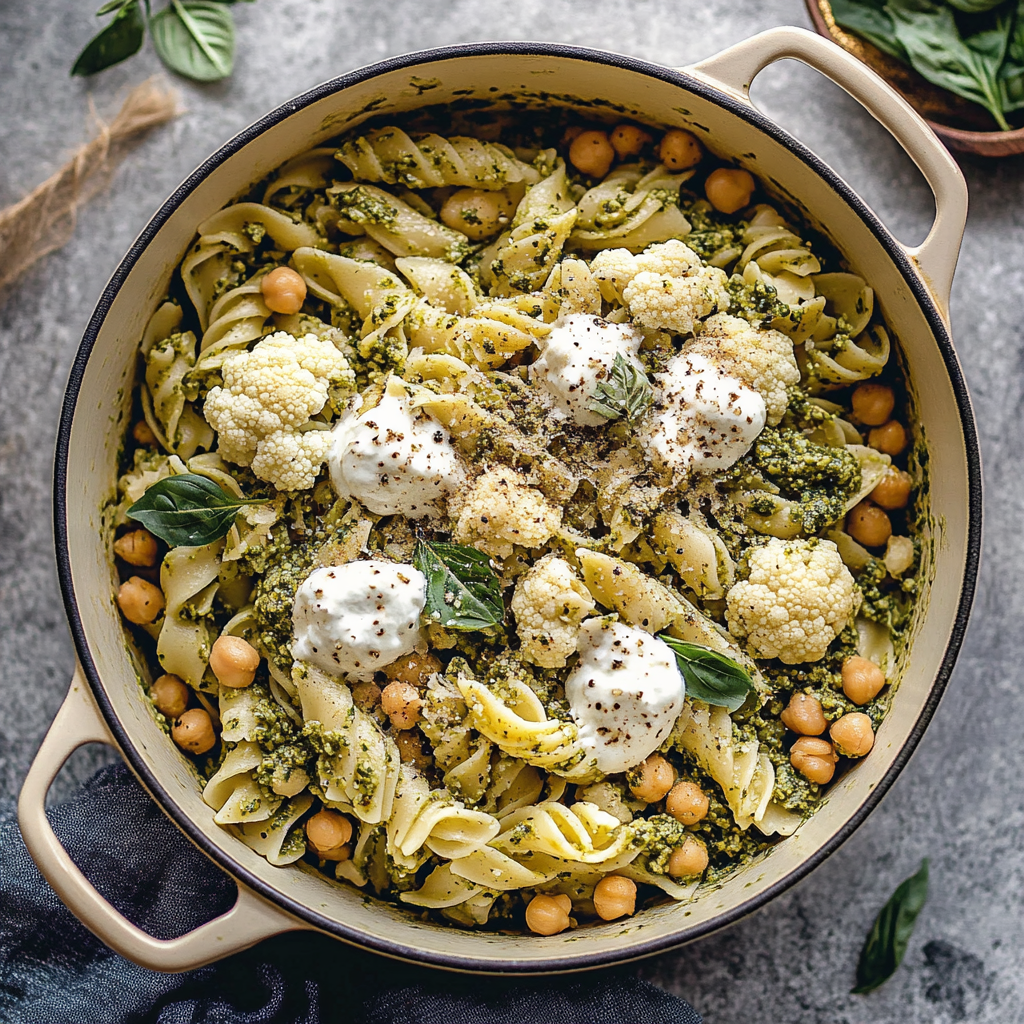 Roasted Cauliflower and Chickpea Pesto Pasta