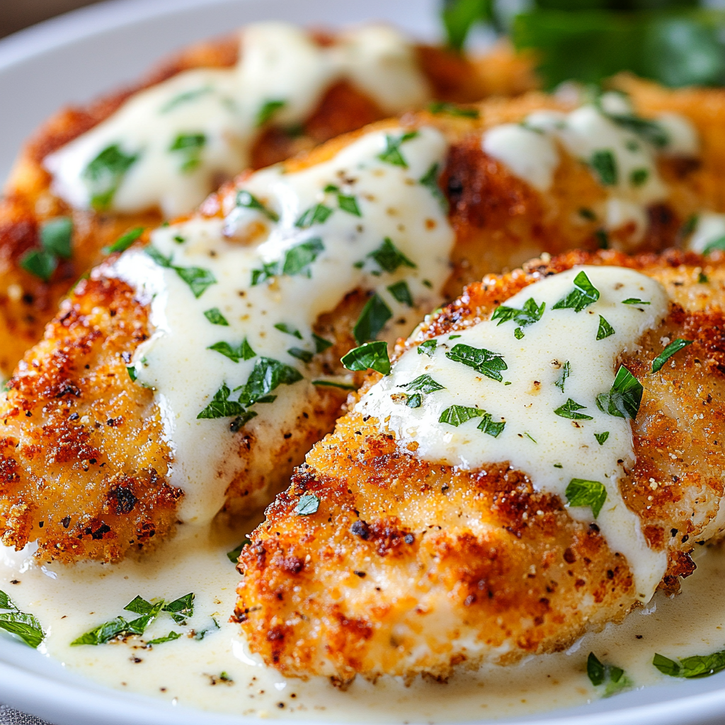 Parmesan Crusted Chicken with Garlic Sauce delights every bite!