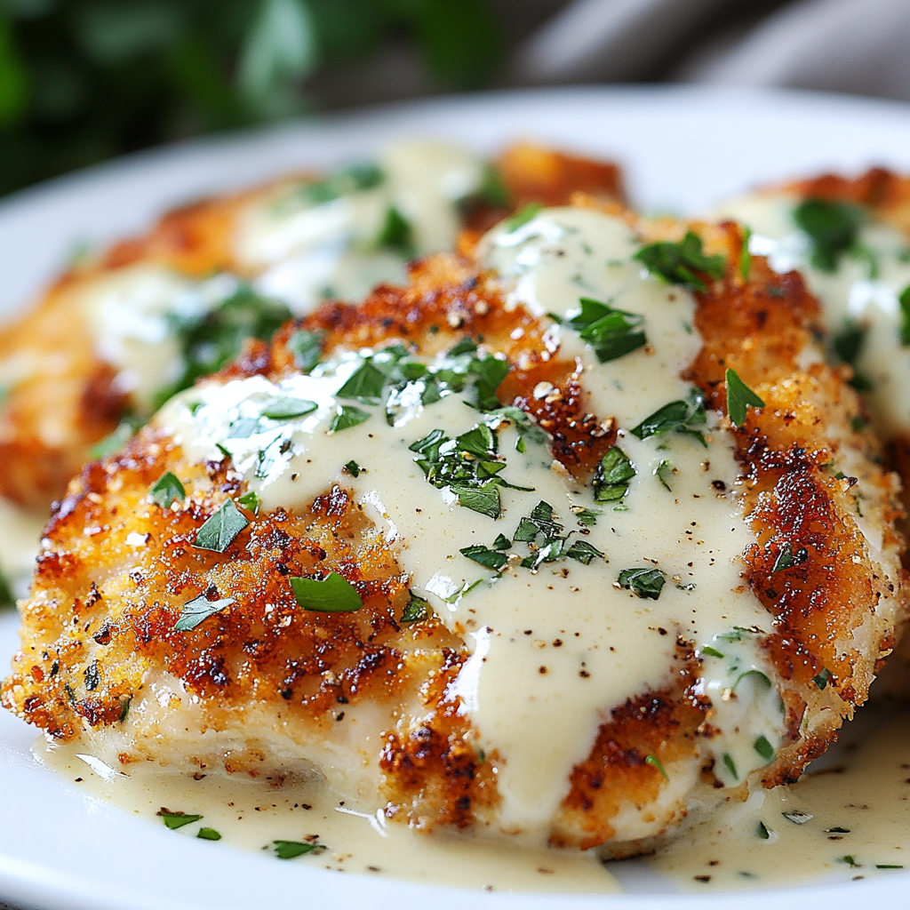 Parmesan Crusted Chicken with Garlic Sauce delights every bite!