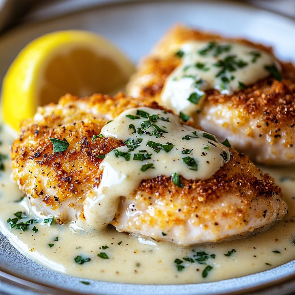 Lemon Pecorino Crusted Chicken with Creamy Sauce