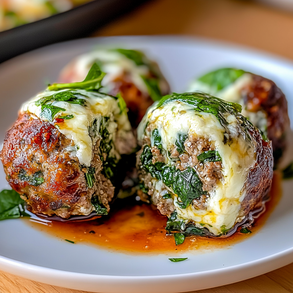 Spinach Garlic Meatballs Stuffed with Mozzarella