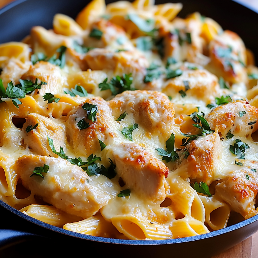 Cheesy Garlic Parmesan Chicken Pasta Skillet Recipe