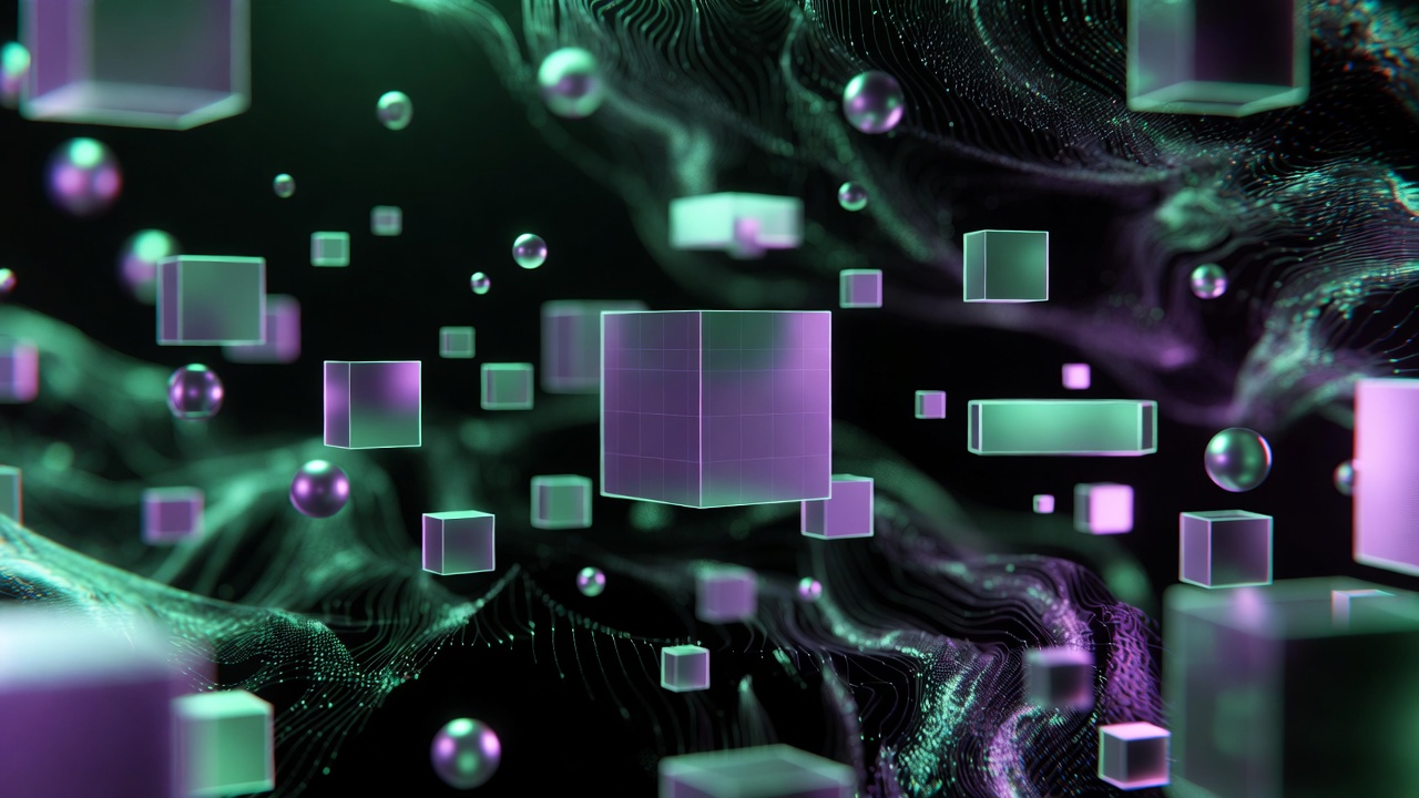 Digital 3D scene with cubes and spheres — symbolizing the strategic layers of content optimization.