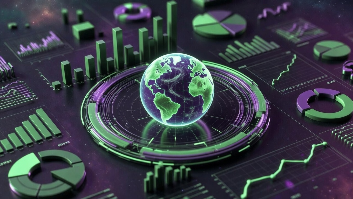 A digital globe with graphs in an abstract digital space symbolizes Search Engine Optimization (SEO).